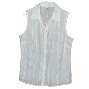 •CROFT&BARROW•WHITE TEXTURED SMOCKED COLLAR BUTTON DOWN SLEEVELESS BLOUSE LARGE